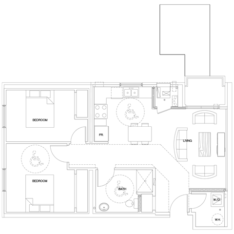 A floor plan of a house with two bedrooms, a living room, a bathroom, and a kitchen.